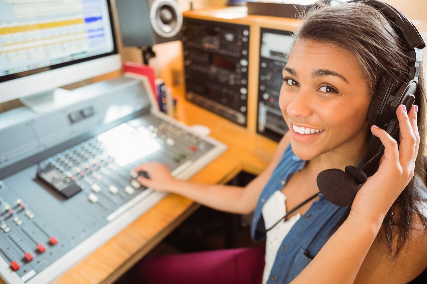 Smiling female student at broadcast console